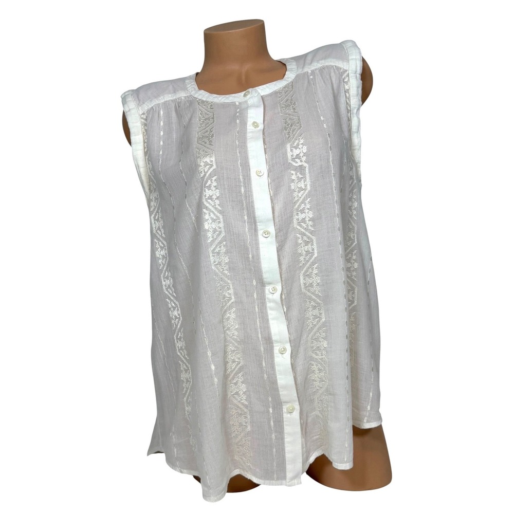 Lucky Brand Women's White Cotton Gauze Embroidered Sleeveless Button Down Top XL